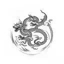 A sketch-style tattoo depicting a scenic mountain landscape with a dragon perched on top, surrounded by vines and roses tattoo design idea