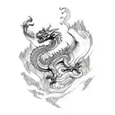 A sketch-style tattoo depicting a scenic mountain landscape with a dragon perched on top, surrounded by vines and roses tattoo design idea