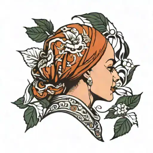 side profile of a bald woman wearing a head scarf  tattoo design idea