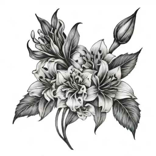  fine line black and white tattoo designing for my forearm. I want a bouquet of flowers gladioli, dandelion and lily tattoo design idea