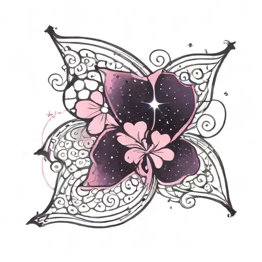 A stylized representation of a galaxy in pink and purple tones with bright stars scattered around, snowflakes in various sizes and shapes also in pink and white tones, flowing curved lines for added elegance, and a symbol of good luck like a four-leaf clover integrated into the design. tattoo design idea