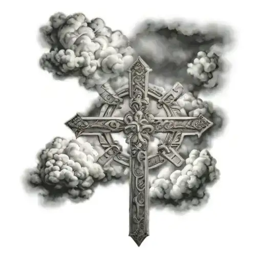 cross amd jesus, philippians 4:13 with clouds tattoo design idea