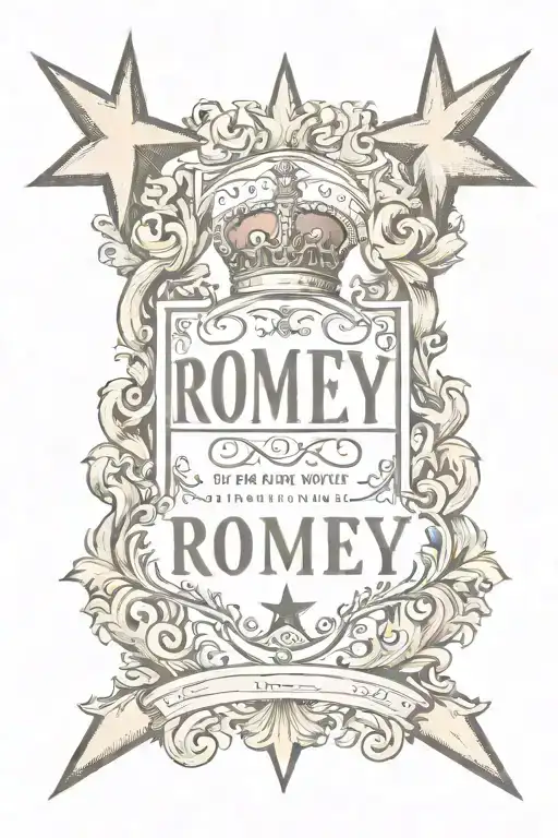 the name Romey in old engish font with a star incorperated   tattoo design idea