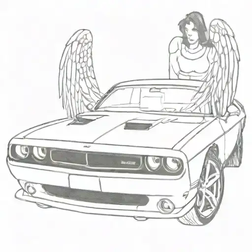 Me sitting behind the wheel of a Dodge Challenger with angel wings behind the car  tattoo design idea