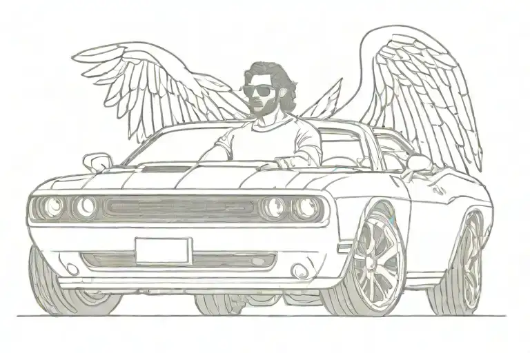 Me sitting behind the wheel of a Dodge Challenger with angel wings behind the car  tattoo design idea