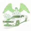 Mr. Green sitting behind the wheel of a Dodge Challenger with angel wings behind the car  tattoo design idea