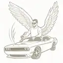 Mr. Green sitting behind the wheel of a Dodge Challenger with angel wings behind the car  tattoo design idea