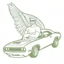 Mr. Green sitting behind the wheel of a Dodge Challenger with angel wings behind the car  tattoo design idea