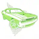 Mr. Green sitting behind the wheel of a Dodge Challenger with angel wings behind the car  tattoo design idea