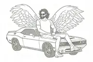 Me sitting behind the wheel of a Dodge Challenger with angel wings behind the car  tattoo design idea