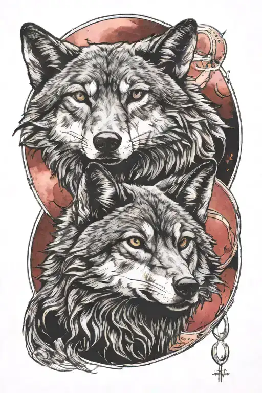  one black wolfe and the other European wolfe , under a red blood moon tattoo design idea