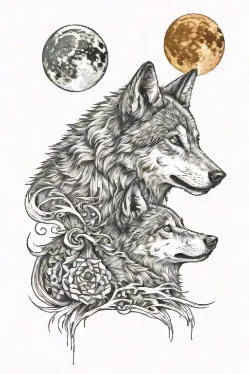  one black wolfe full body and the other European wolfe full body , under a red blood moon tattoo design idea