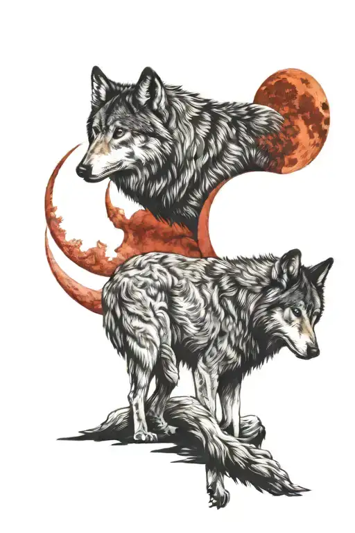  one black wolfe full body and the other European wolfe full body , under a red blood moon tattoo design idea