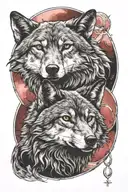  one black wolfe and the other European wolfe , under a red blood moon tattoo design idea