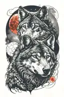  one black wolfe and the other European wolfe , under a red blood moon tattoo design idea
