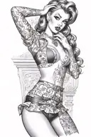 pin up girl lingerie putting on black stockings tattoo design idea