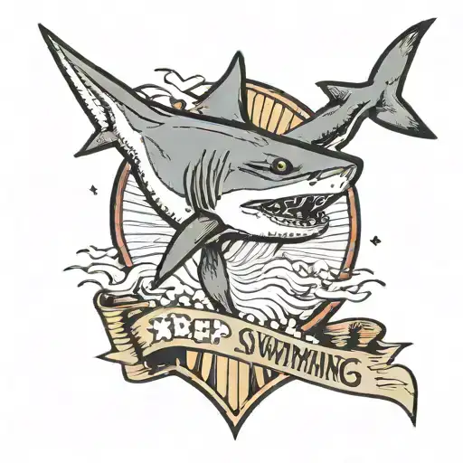 a shark and a banner underneath that says 'keep swimming' in a flash tattoo art style tattoo design idea