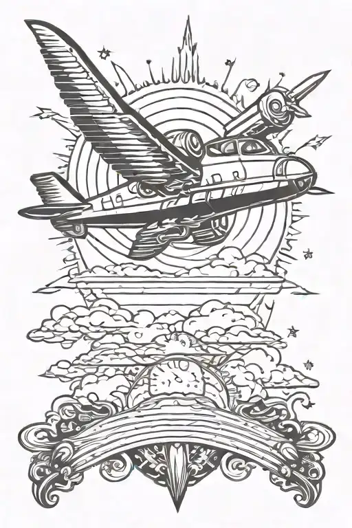 space jet flying towards the sun rising tattoo design idea