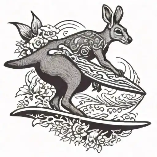 kangaroo surfing with a beer in hand and flowery swim shorts tattoo design idea