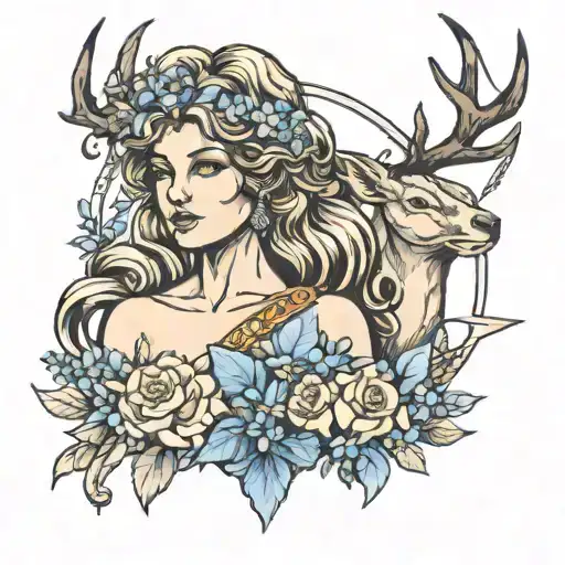 Tattoo of goddess Diana with deer scelet, arrow and little blue flowers tattoo design idea