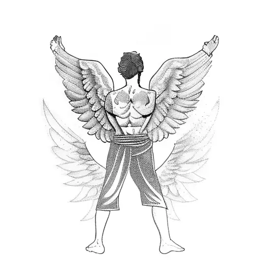 greek man falling with a wing of angel and a wing of demond tattoo design idea