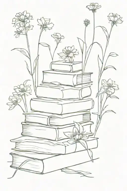 stack of books with wildflowers tattoo design idea