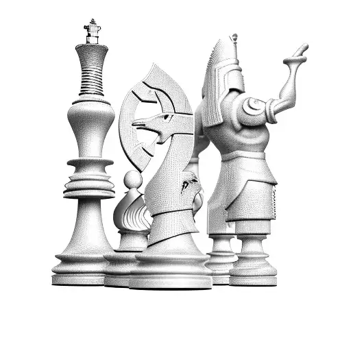 3D king and queen chess pieces, standing next to each other, on a chess board, from a 45 degree top-down angle view tattoo design idea
