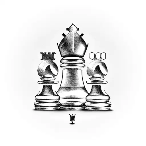 3D king and queen chess pieces, standing next to each other, on a chess board, from a 45 degree top-down angle view tattoo design idea