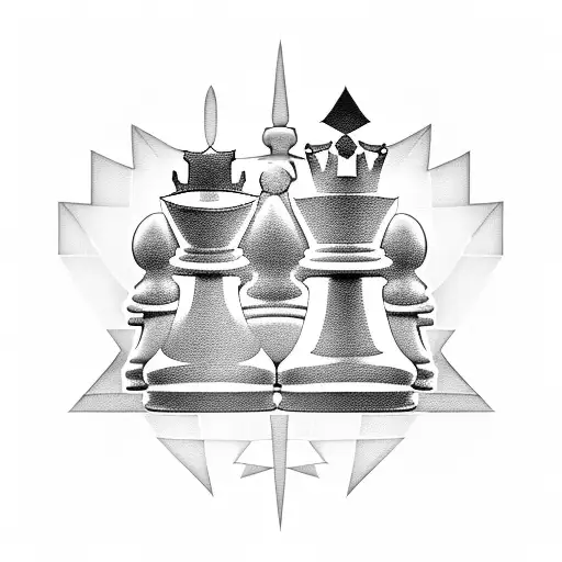 3D king and queen chess pieces standing next to each other on a chess board with the squares tattoo design idea