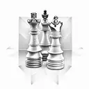 3D king and queen chess pieces standing next to each other on a chess board with the squares tattoo design idea