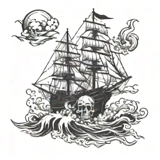 skull and pirate ship sailing through stormy tattoo design idea