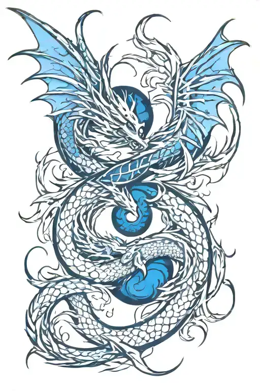 electric blue and ice white winged dragons flying and intertwined to form yin yang symbol with tails and bodies tattoo design idea