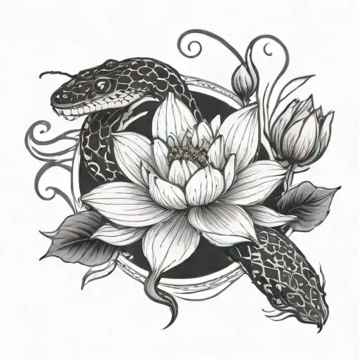snake and lotus flower blooming tattoo design idea