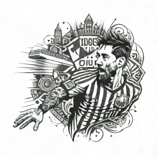 A tattoo design combining elements of rap and trap music with a portrait of Messi playing football, set against a backdrop of the Spanish ghetto tattoo design idea