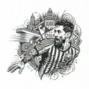 A tattoo design combining elements of rap and trap music with a portrait of Messi playing football, set against a backdrop of the Spanish ghetto tattoo design idea