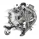 A tattoo design combining elements of rap and trap music with a portrait of Messi playing football, set against a backdrop of the Spanish ghetto tattoo design idea