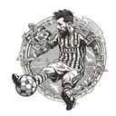 A tattoo design combining elements of rap and trap music with a portrait of Messi playing football, set against a backdrop of the Spanish ghetto tattoo design idea