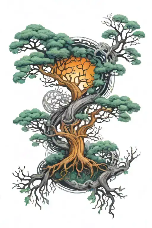 A tattoo sleeve design inspired by Norse mythology, focusing on Yggdrasil, the World Tree, and the Nine Realms. The uppe tattoo design idea