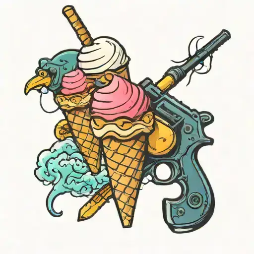 2 fishing poles catching a gun and ice cream cone tattoo design idea