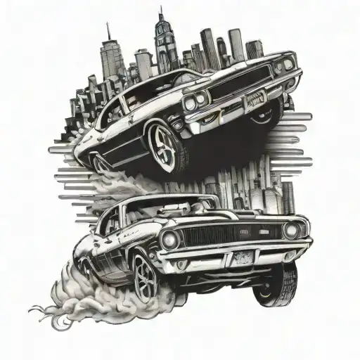 A black and grey tattoo of a vintage muscle car cruising through the streets of New York City at night, with the city skyline in the background tattoo design idea