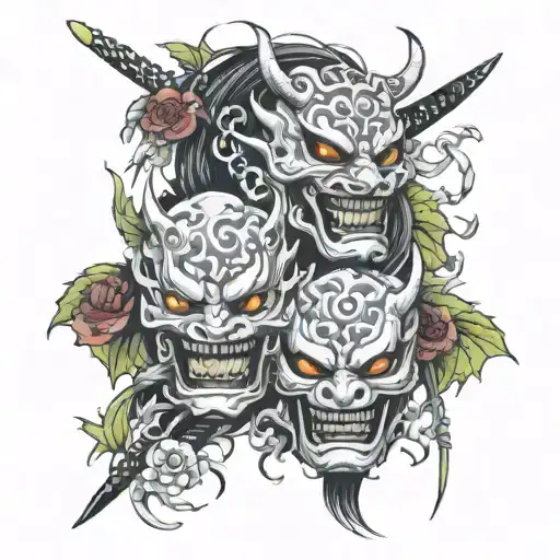 2 Oni masks lying on top of each other, pierced with 2 katanas, some tendrils, overgrown, creepy tattoo design idea
