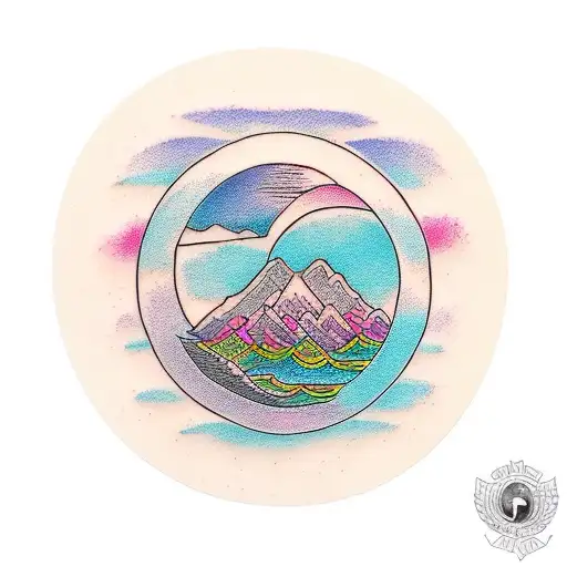 a shoulder circular design of a beautiful landscape of a sunset and bright colors in the fores with a river tattoo design idea