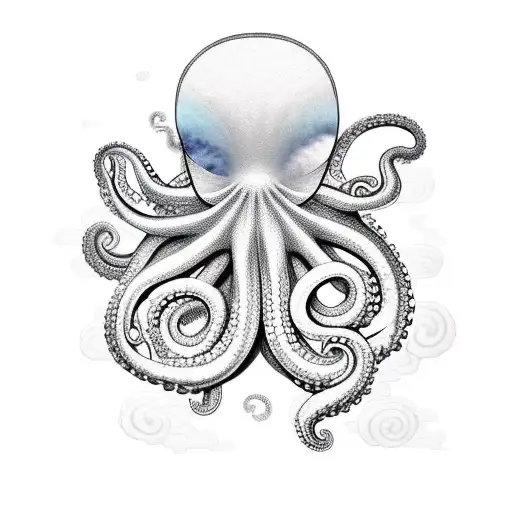 Octopus with japanese waves , japanese clouds together with patterns of herbs tattoo design idea
