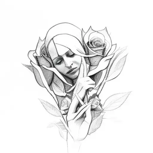 A sketch-style silhouette of a mother with prayer hands surrounded by red roses tattoo design idea