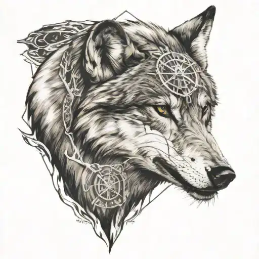 the grin of the wolf and the compass of the mountains wind tattoo design idea