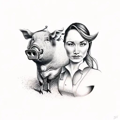 Farmer man and woman with windmill, pig and cow and dove tattoo design idea