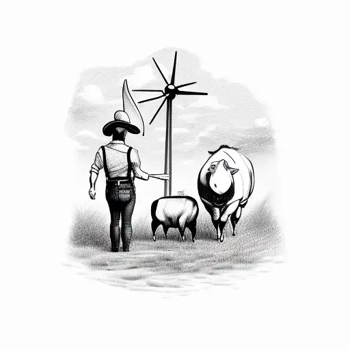 Farmer man and woman and windmill, pig and cow and dove tattoo design idea
