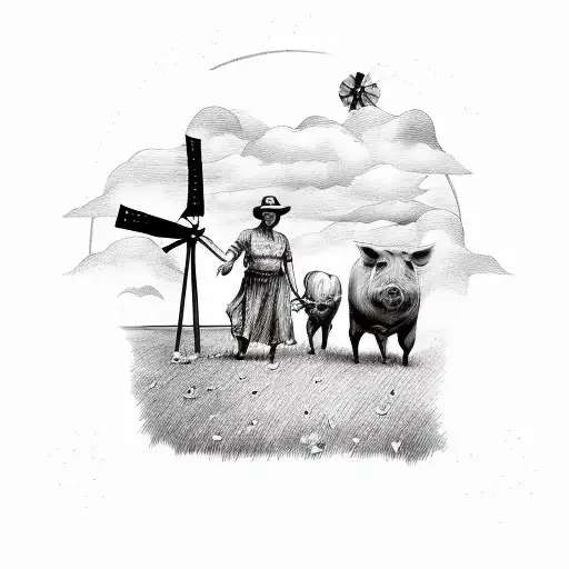 Farmer man and woman with windmill, pig and cow and dove tattoo design idea