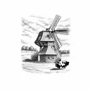 Farmer with windmill, pig and cow tattoo design idea
