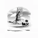 Farmer with windmill, pig and cow tattoo design idea